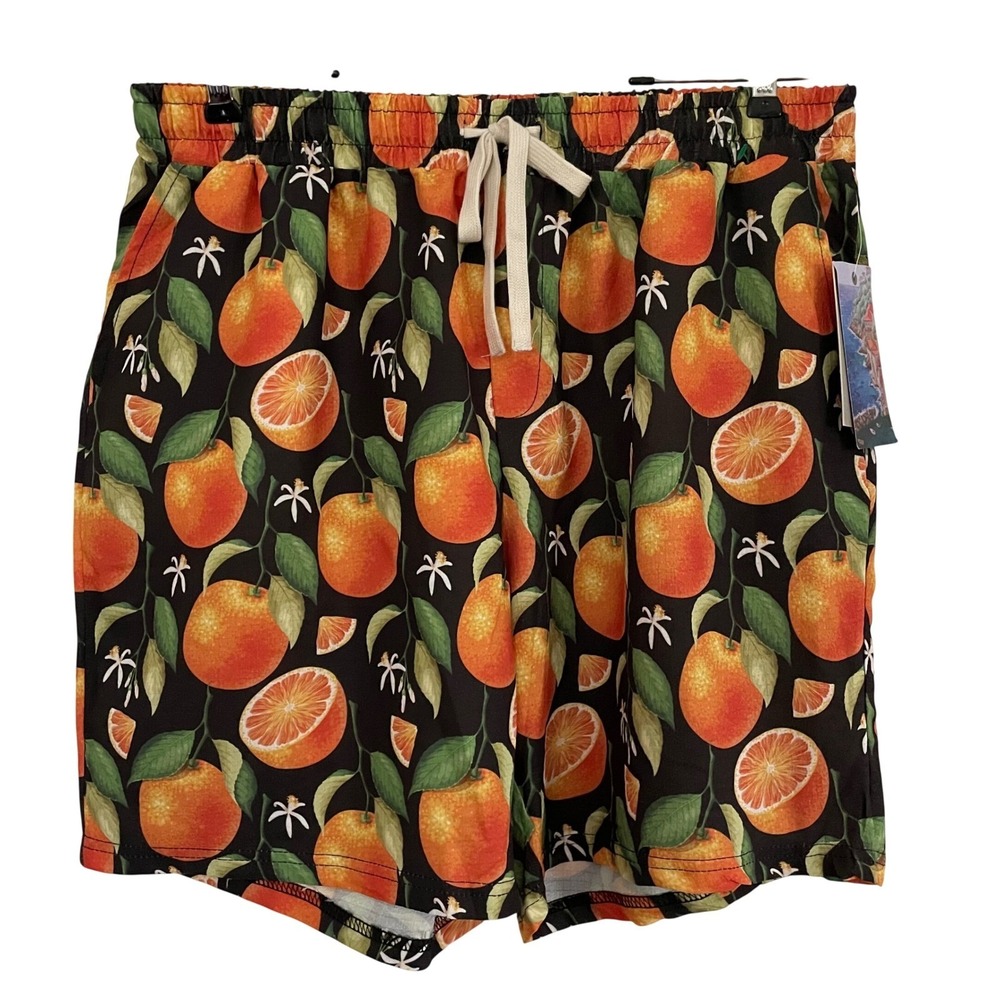NEW Massive Luxury Short Black Orange Citrus Print Mens Large Tropical Casual